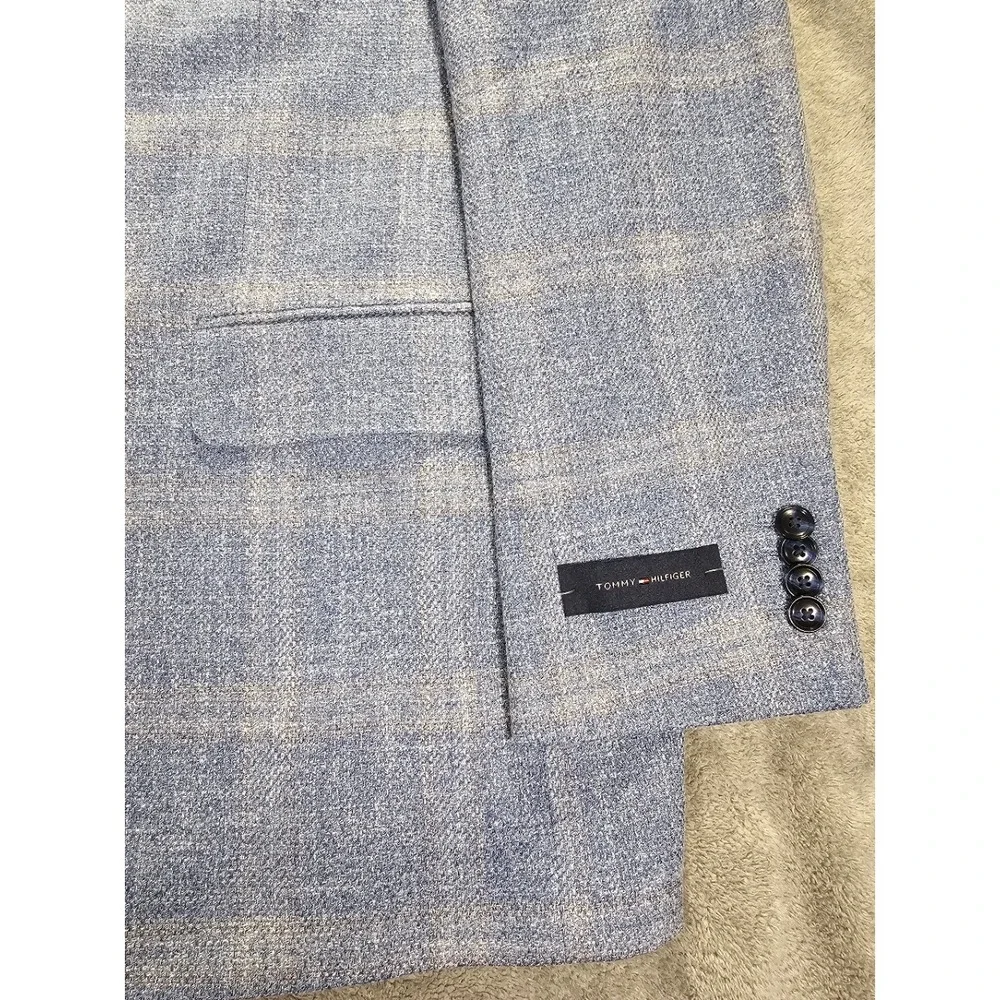 Tommy Hilfiger THFLEX Mens Light Blue Plaid Sport Coat Blazer 46R New